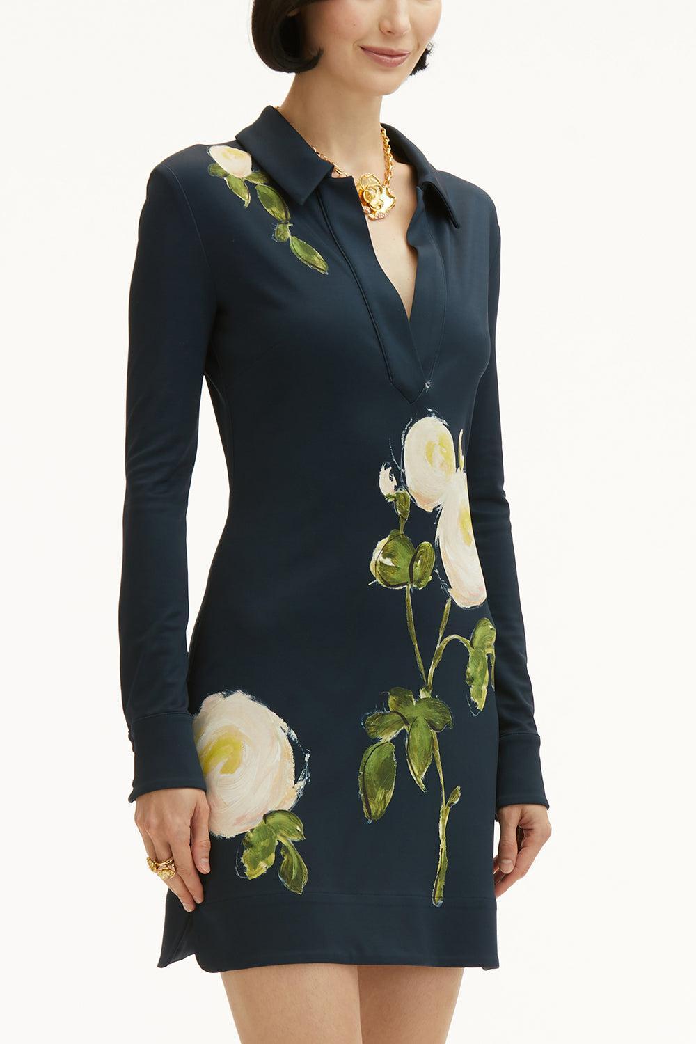 Long Sleeve Roses Milano Dress-WHT/DKNV-2-CLOTHINGDRESSCASUAL-OSCAR DE LA RENTA