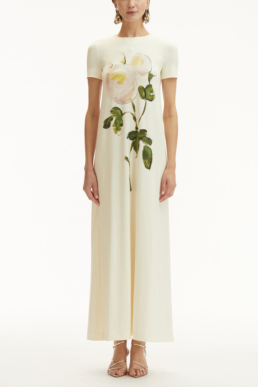 Short Sleeve Painted Roses Dress-WHT/IVOR-4-CLOTHINGDRESSCASUAL-OSCAR DE LA RENTA