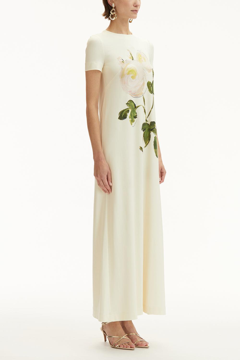 Short Sleeve Painted Roses Dress-WHT/IVOR-4-CLOTHINGDRESSCASUAL-OSCAR DE LA RENTA