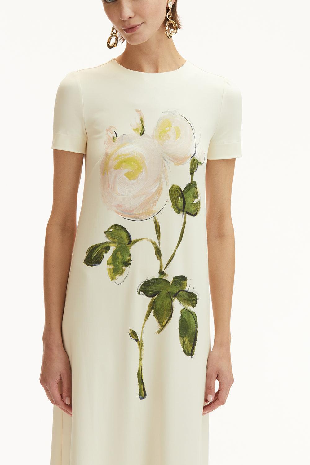 Short Sleeve Painted Roses Dress-WHT/IVOR-4-CLOTHINGDRESSCASUAL-OSCAR DE LA RENTA