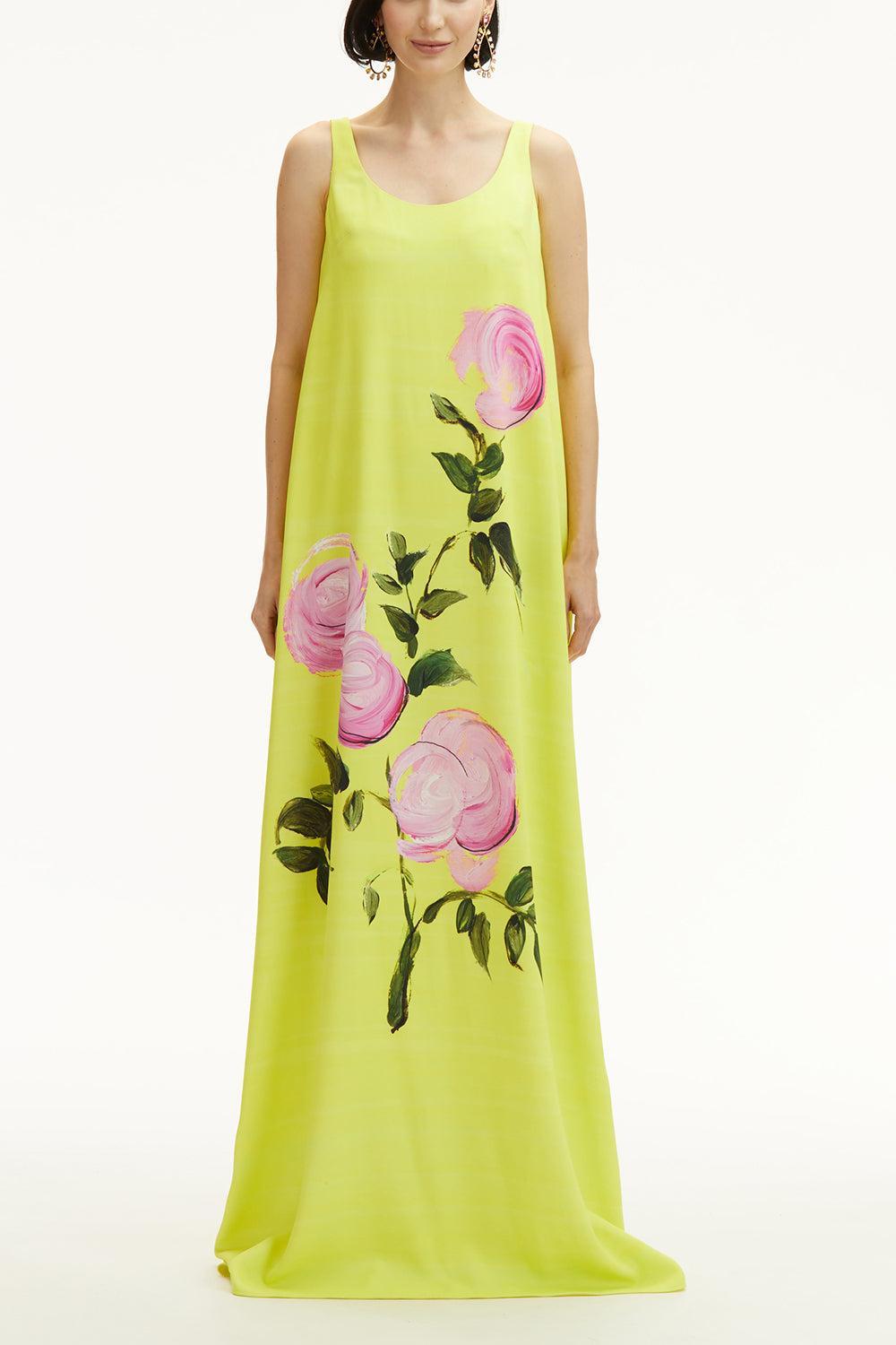 Sleeveless Scoop Neck Painted Roses Dress-PNK/YLW-4-CLOTHINGDRESSCASUAL-OSCAR DE LA RENTA