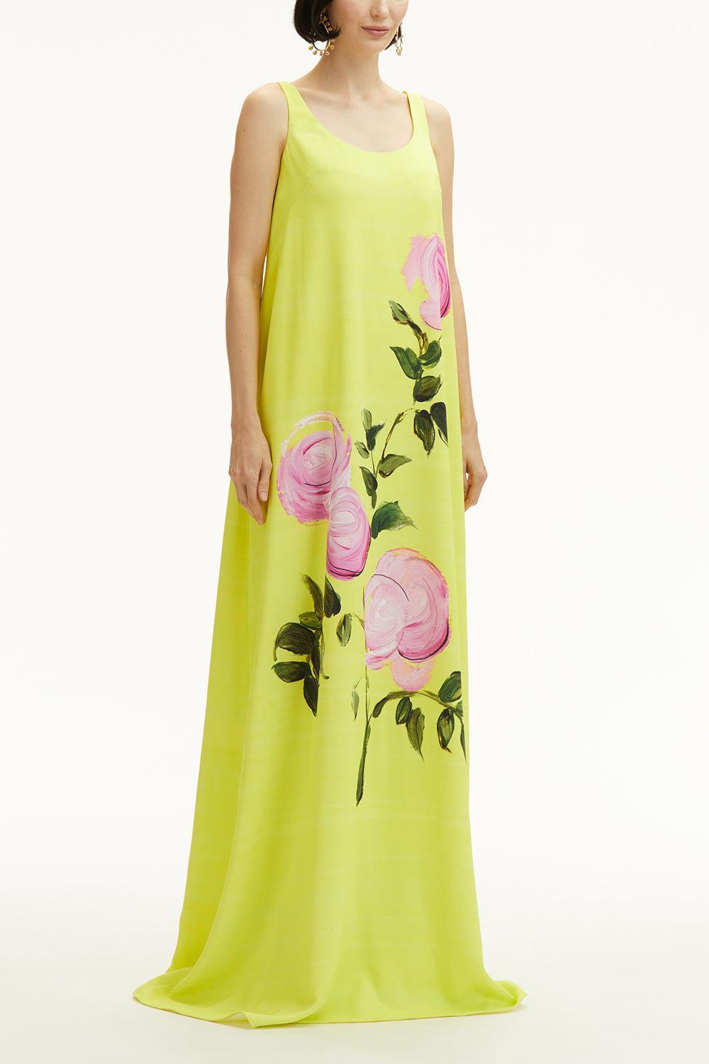 Sleeveless Scoop Neck Painted Roses Dress-PNK/YLW-4-CLOTHINGDRESSCASUAL-OSCAR DE LA RENTA