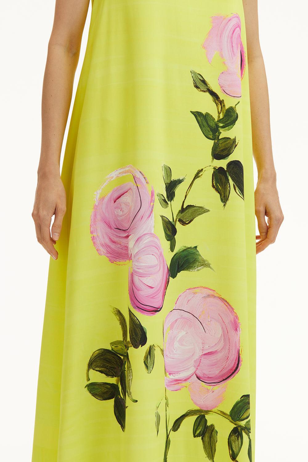 Sleeveless Scoop Neck Painted Roses Dress-PNK/YLW-4-CLOTHINGDRESSCASUAL-OSCAR DE LA RENTA