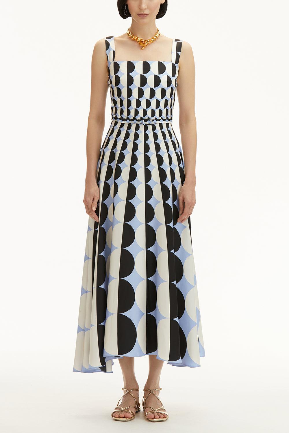 Sleeveless Square Neck Geo Dress-BLK/BLUE-4-CLOTHINGDRESSCASUAL-OSCAR DE LA RENTA