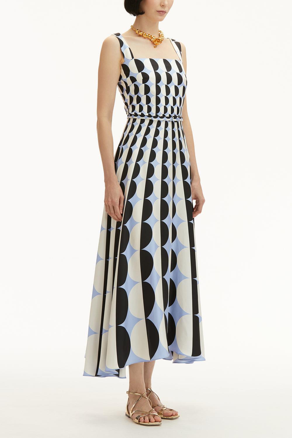 Sleeveless Square Neck Geo Dress-BLK/BLUE-4-CLOTHINGDRESSCASUAL-OSCAR DE LA RENTA