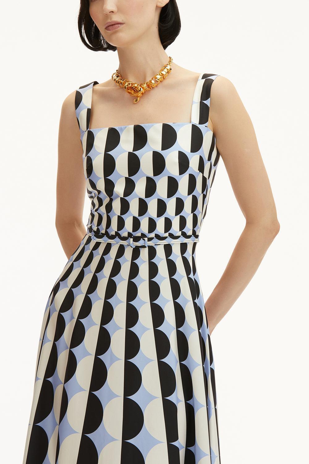 Sleeveless Square Neck Geo Dress-BLK/BLUE-4-CLOTHINGDRESSCASUAL-OSCAR DE LA RENTA