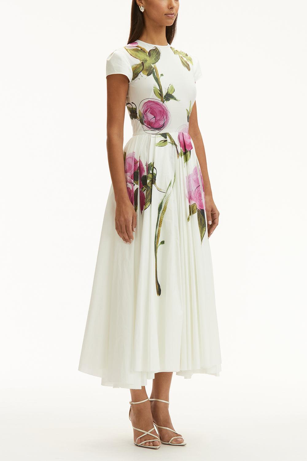 Cap Sleeve Pleated Roses Midi Dress-PNK/WHT-4-CLOTHINGDRESSCASUAL-OSCAR DE LA RENTA