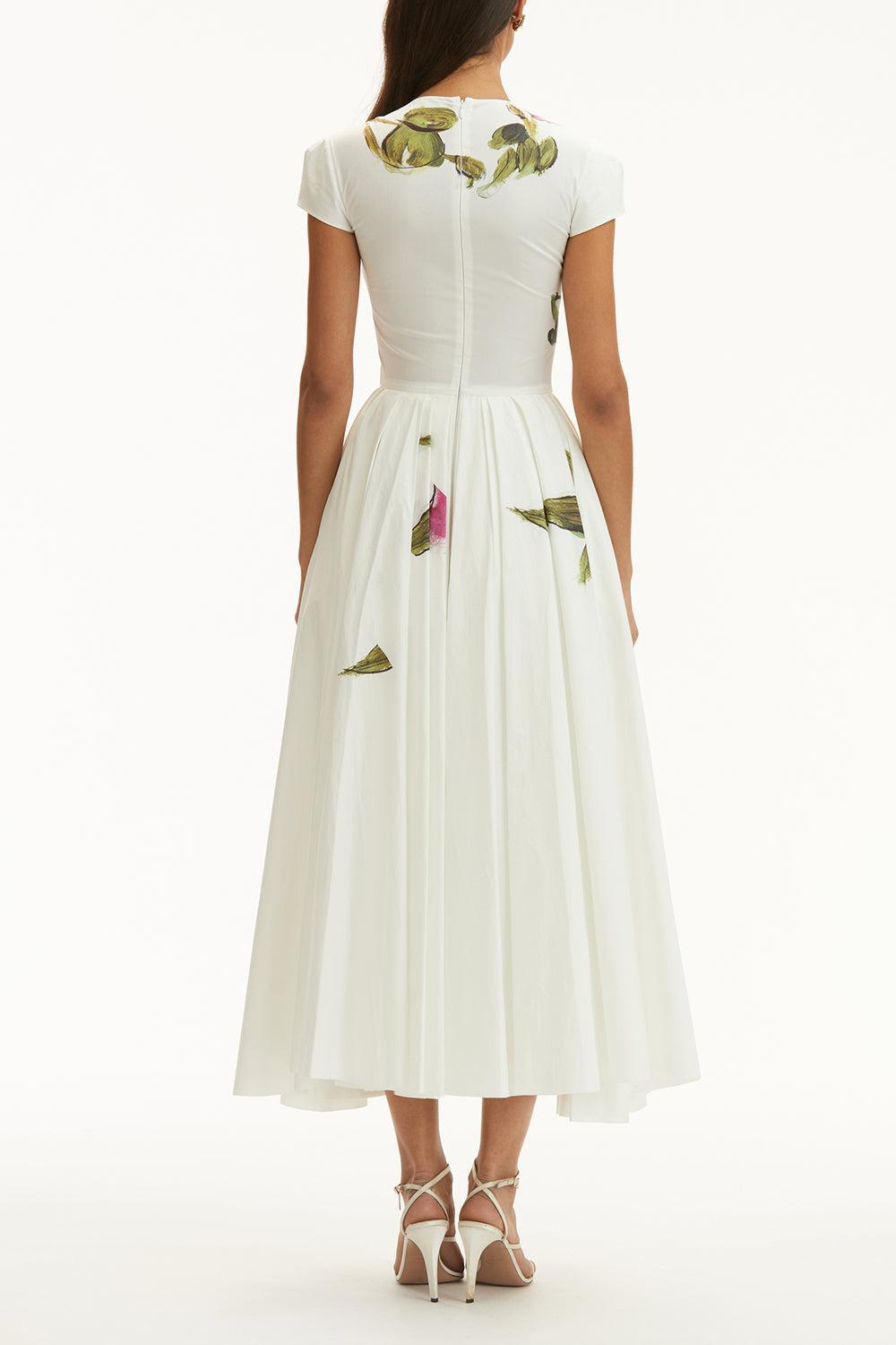 Cap Sleeve Pleated Roses Midi Dress-PNK/WHT-4-CLOTHINGDRESSCASUAL-OSCAR DE LA RENTA