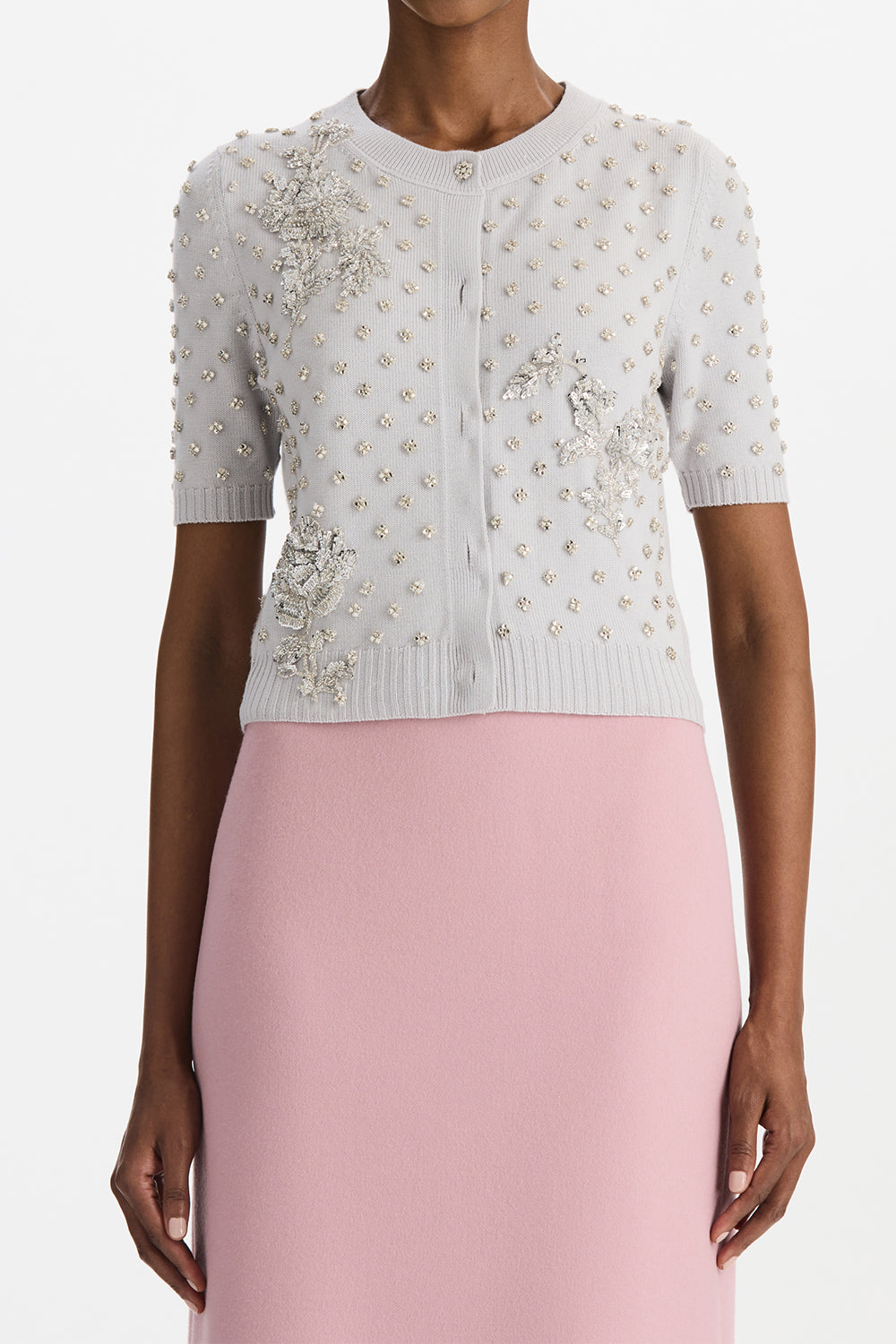 Crystal Floral Elbow Sleeve Cardigan-GREY-S-CLOTHINGTOPCARDIGAN-OSCAR DE LA RENTA