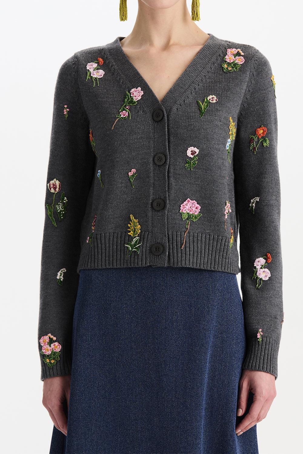  Mini Floral Long Sleeve Cardigan-GREY-XS-CLOTHINGTOPCARDIGAN-OSCAR DE LA RENTA 