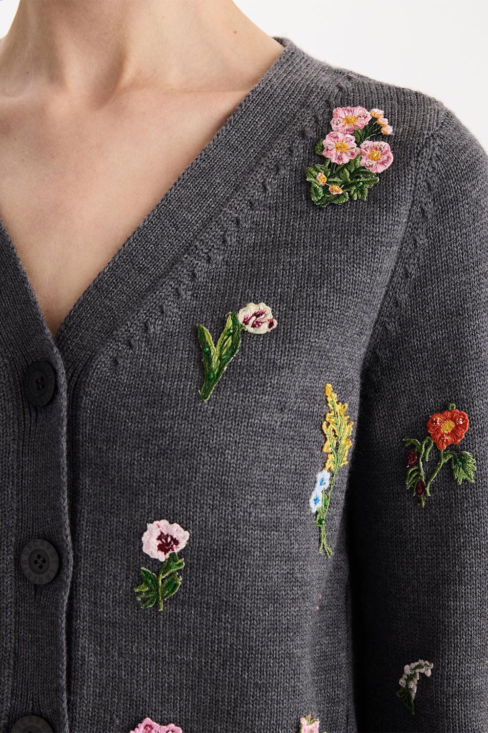  Mini Floral Long Sleeve Cardigan-GREY-XS-CLOTHINGTOPCARDIGAN-OSCAR DE LA RENTA 