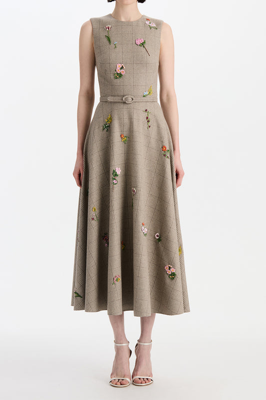 Sleeveless Floral Plaid Day Dress-BROWN-4-CLOTHINGDRESSCASUAL-OSCAR DE LA RENTA