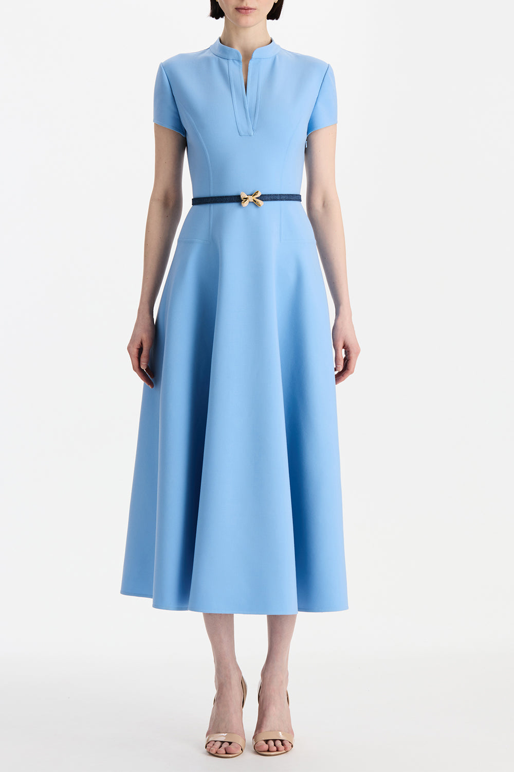 Short Sleeve Flare Midi Stretch Dress-BLUE-6-CLOTHINGDRESSCASUAL-OSCAR DE LA RENTA