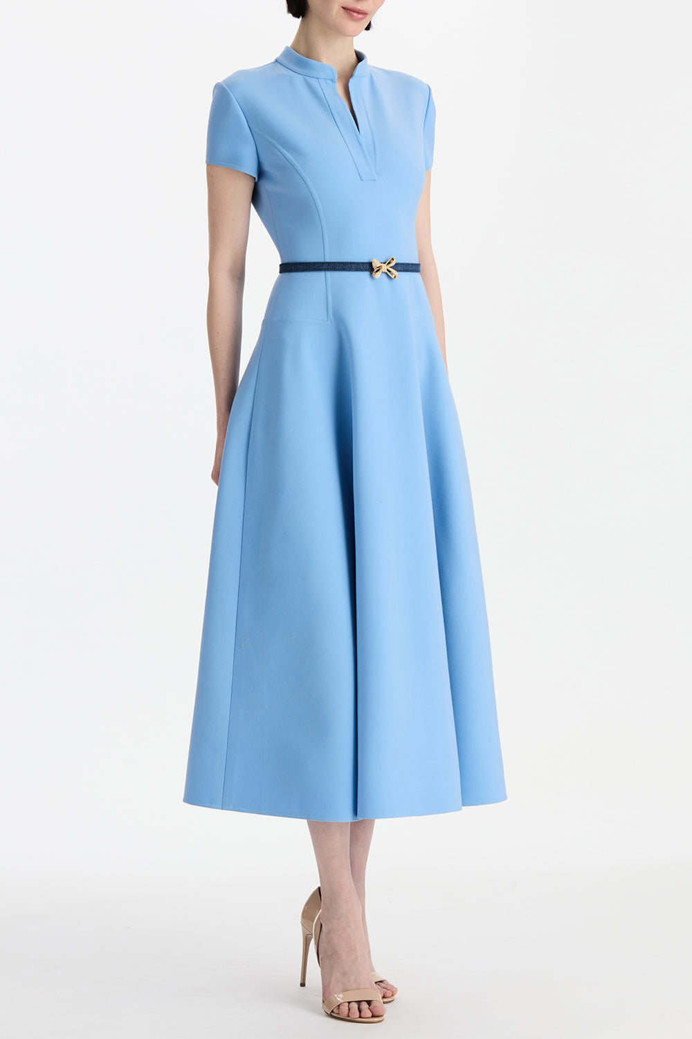 Short Sleeve Flare Midi Stretch Dress-BLUE-6-CLOTHINGDRESSCASUAL-OSCAR DE LA RENTA