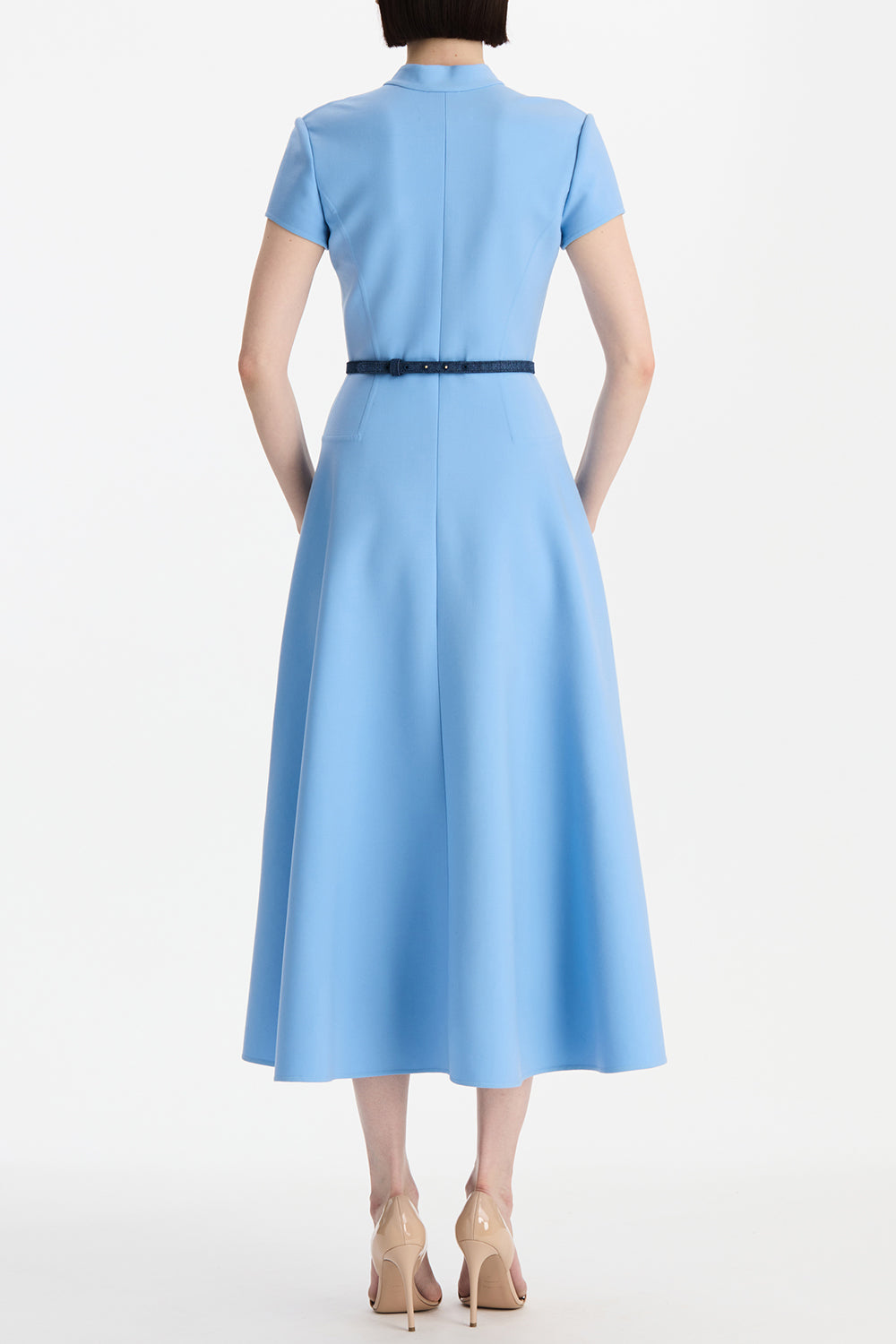 Short Sleeve Flare Midi Stretch Dress-BLUE-6-CLOTHINGDRESSCASUAL-OSCAR DE LA RENTA