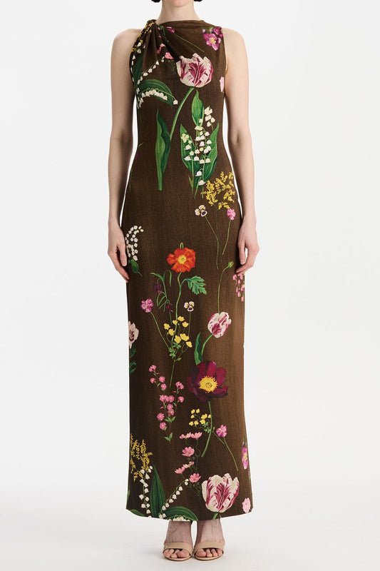 Sleeveless Mixed Botanical Day Dress-BROWN-4-CLOTHINGDRESSCASUAL-OSCAR DE LA RENTA