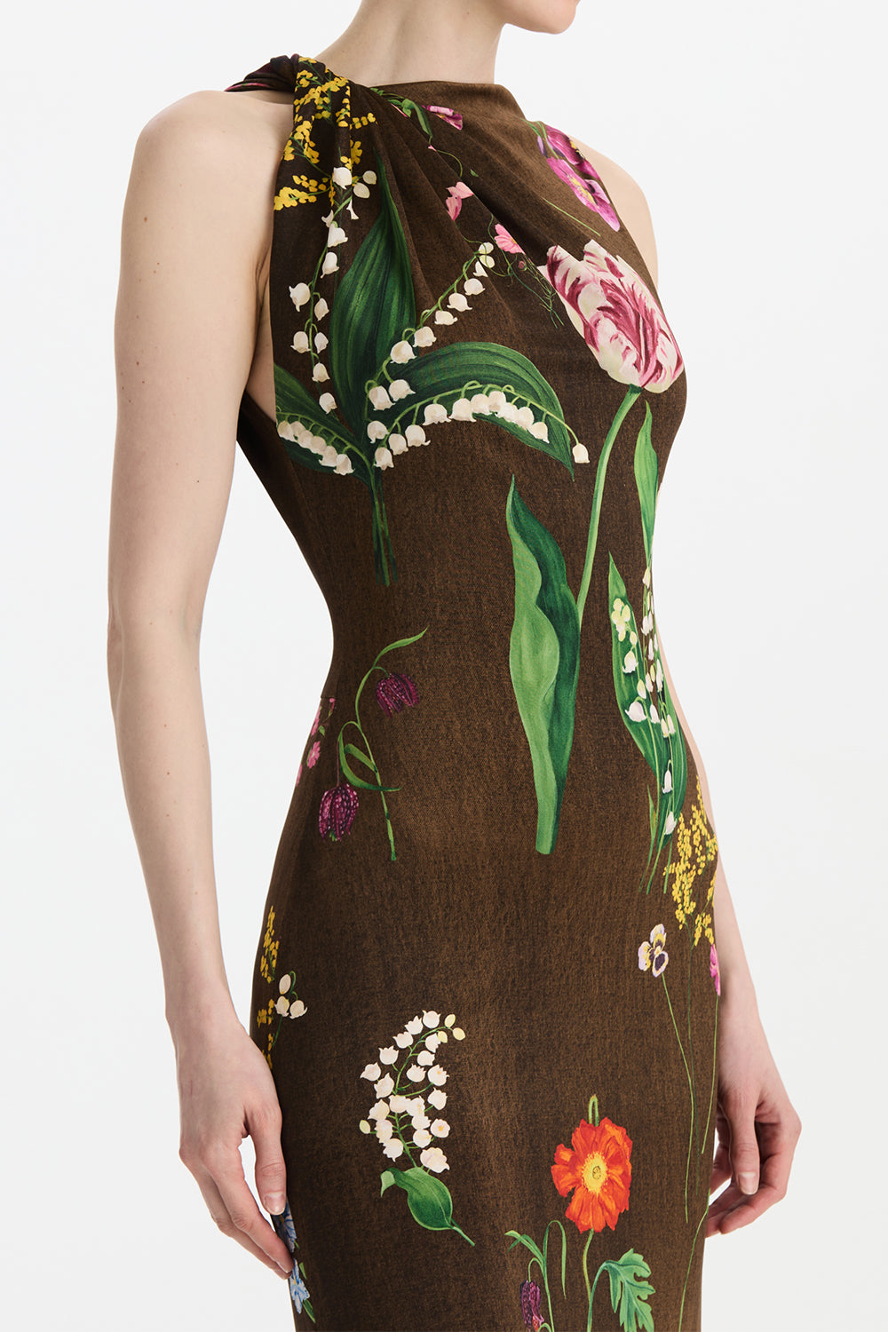 Sleeveless Mixed Botanical Day Dress-BROWN-4-CLOTHINGDRESSCASUAL-OSCAR DE LA RENTA