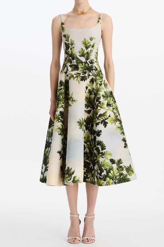 Foliage Sleeveless Flare Midi Dress-GREEN-4-CLOTHINGDRESSCOCKTAIL-OSCAR DE LA RENTA