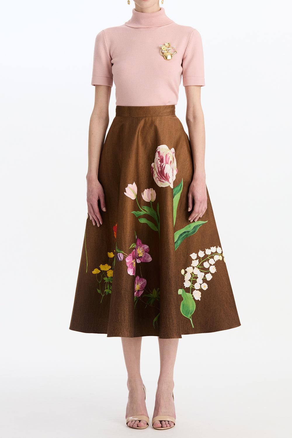 Mixed Botanical Circle Midi Skirt-BROWN-2-CLOTHINGSKIRTMIDI-OSCAR DE LA RENTA