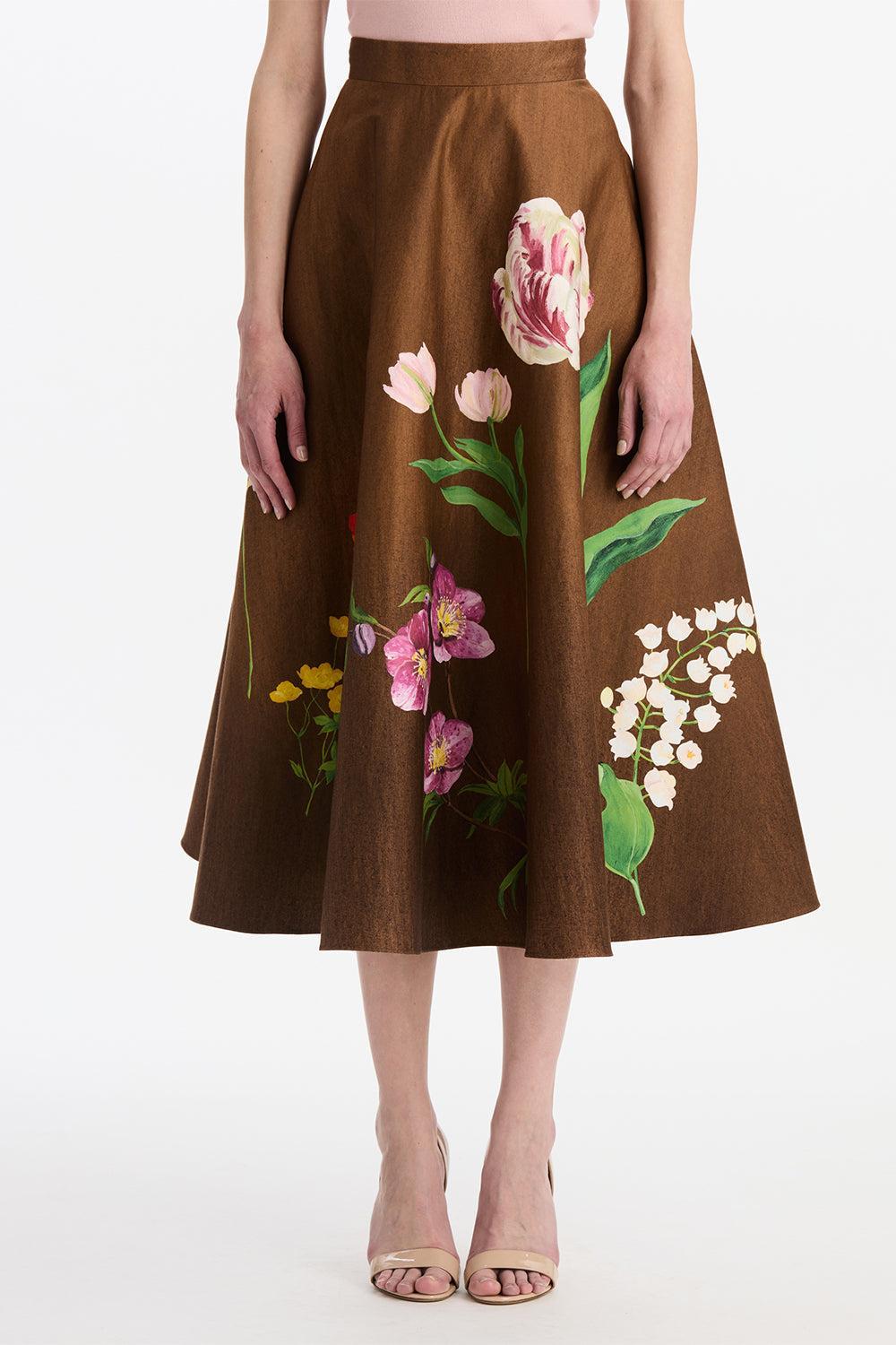 Mixed Botanical Circle Midi Skirt-BROWN-2-CLOTHINGSKIRTMIDI-OSCAR DE LA RENTA