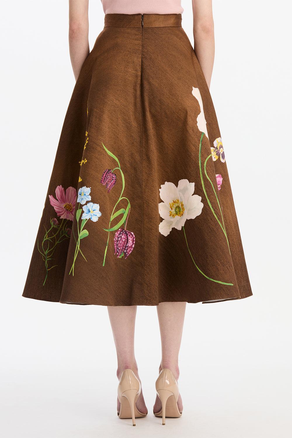Mixed Botanical Circle Midi Skirt-BROWN-2-CLOTHINGSKIRTMIDI-OSCAR DE LA RENTA