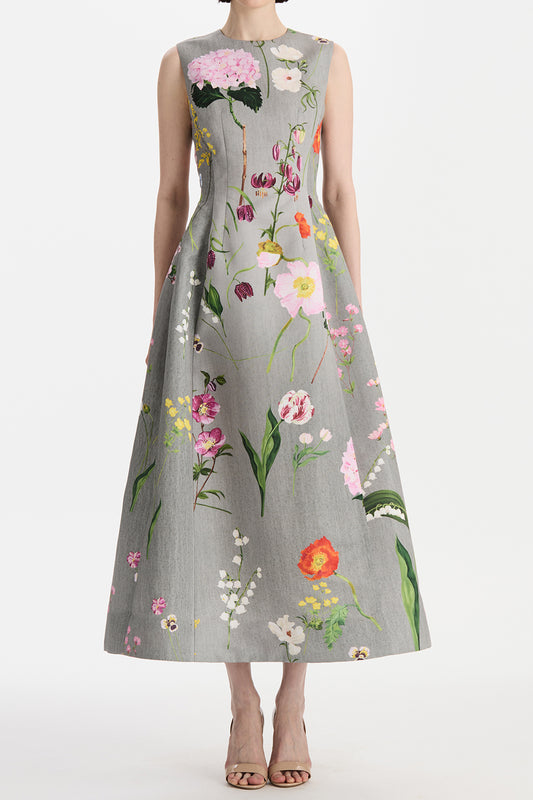 Mixed Botanical Sleeveless Cocktail Dress-GREY-4-CLOTHINGDRESSCOCKTAIL-OSCAR DE LA RENTA