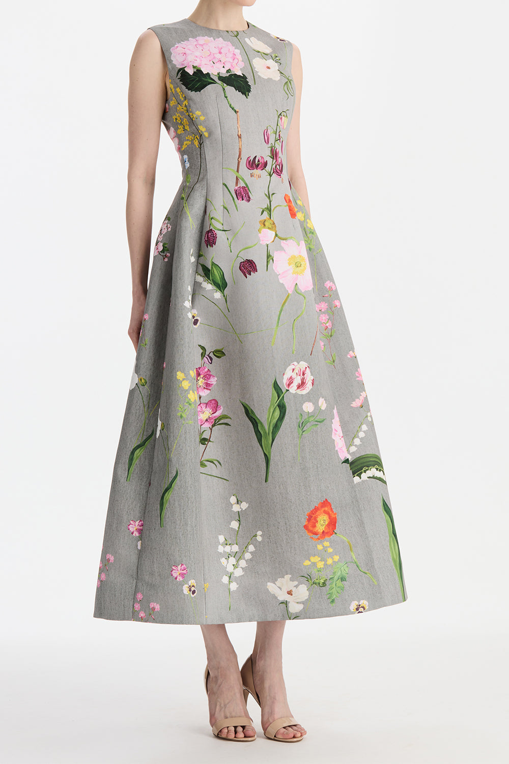 Mixed Botanical Sleeveless Cocktail Dress-GREY-4-CLOTHINGDRESSCOCKTAIL-OSCAR DE LA RENTA
