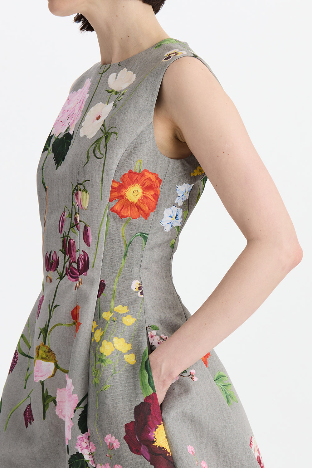 Mixed Botanical Sleeveless Cocktail Dress-GREY-4-CLOTHINGDRESSCOCKTAIL-OSCAR DE LA RENTA