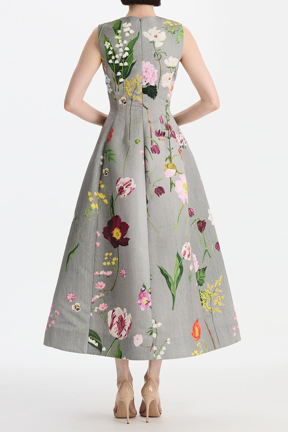 Mixed Botanical Sleeveless Cocktail Dress-GREY-4-CLOTHINGDRESSCOCKTAIL-OSCAR DE LA RENTA