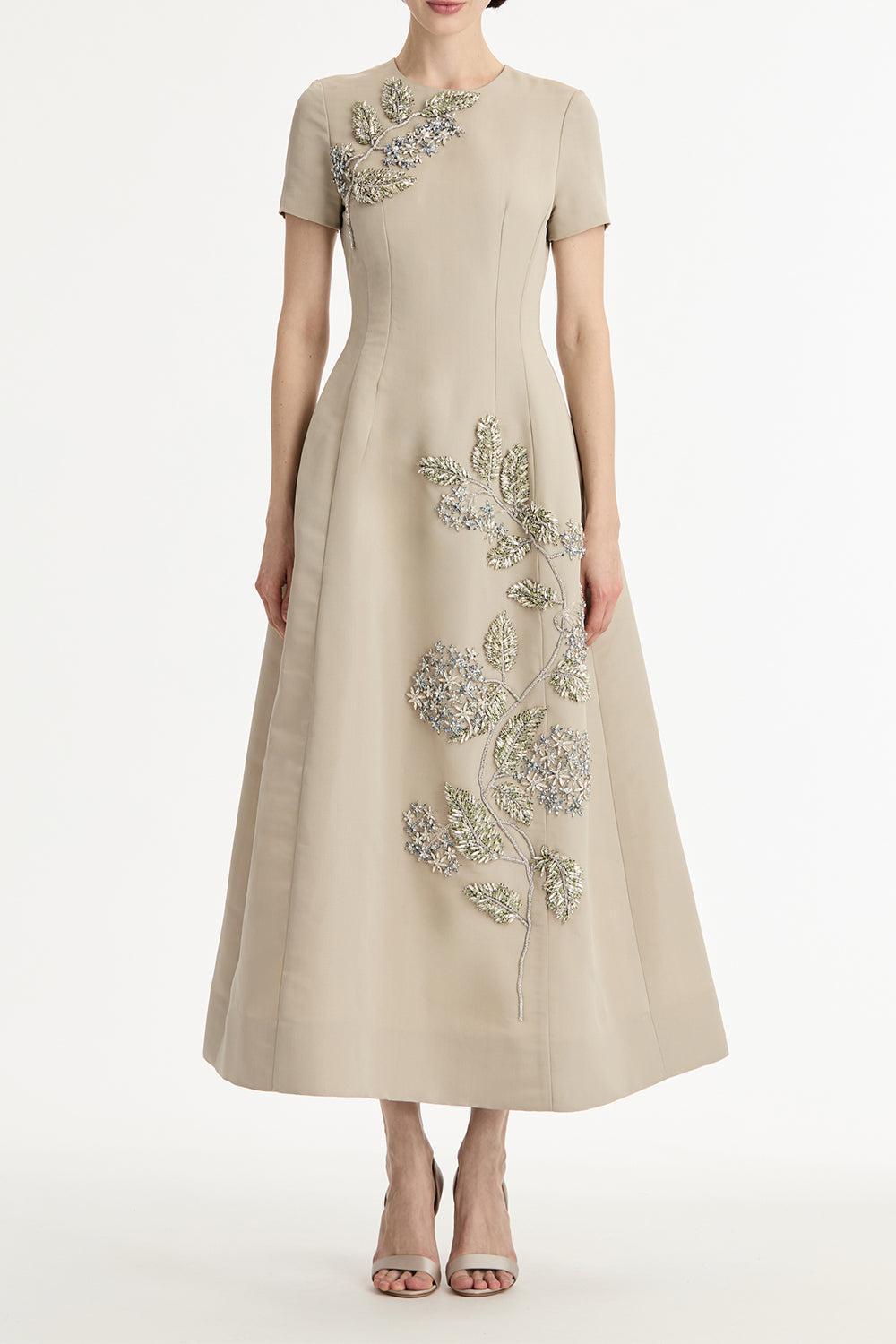 Crystal Flower Embroidered Dress-BROWN-6-CLOTHINGDRESSCOCKTAIL-OSCAR DE LA RENTA