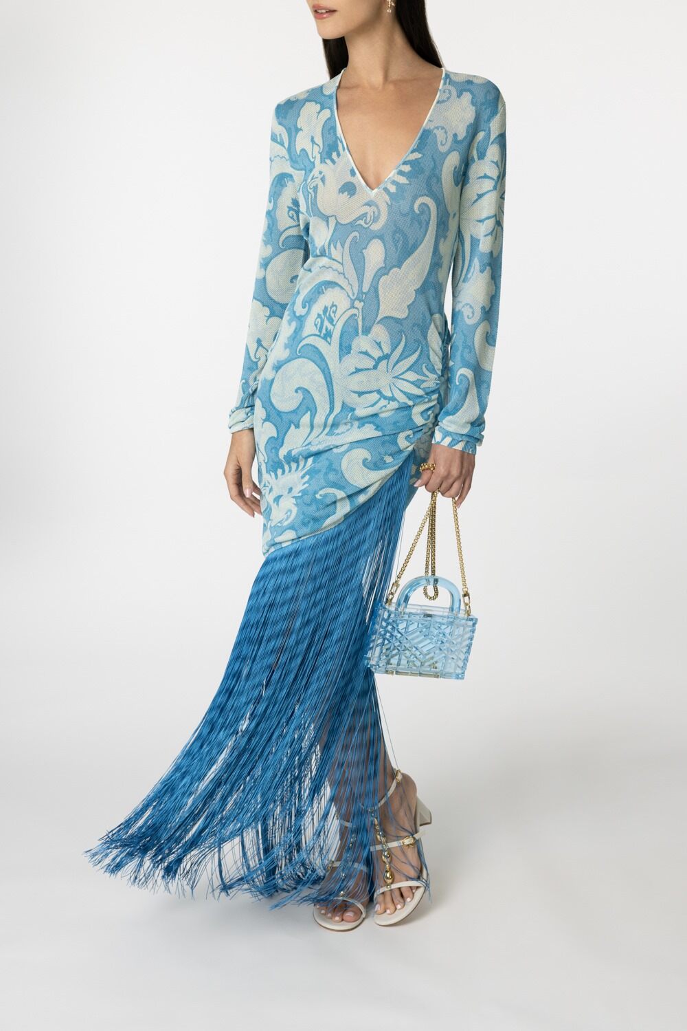 Long Sleeve Fringe Dress-BLU/WHT-42-CLOTHINGDRESSGOWN-ETRO