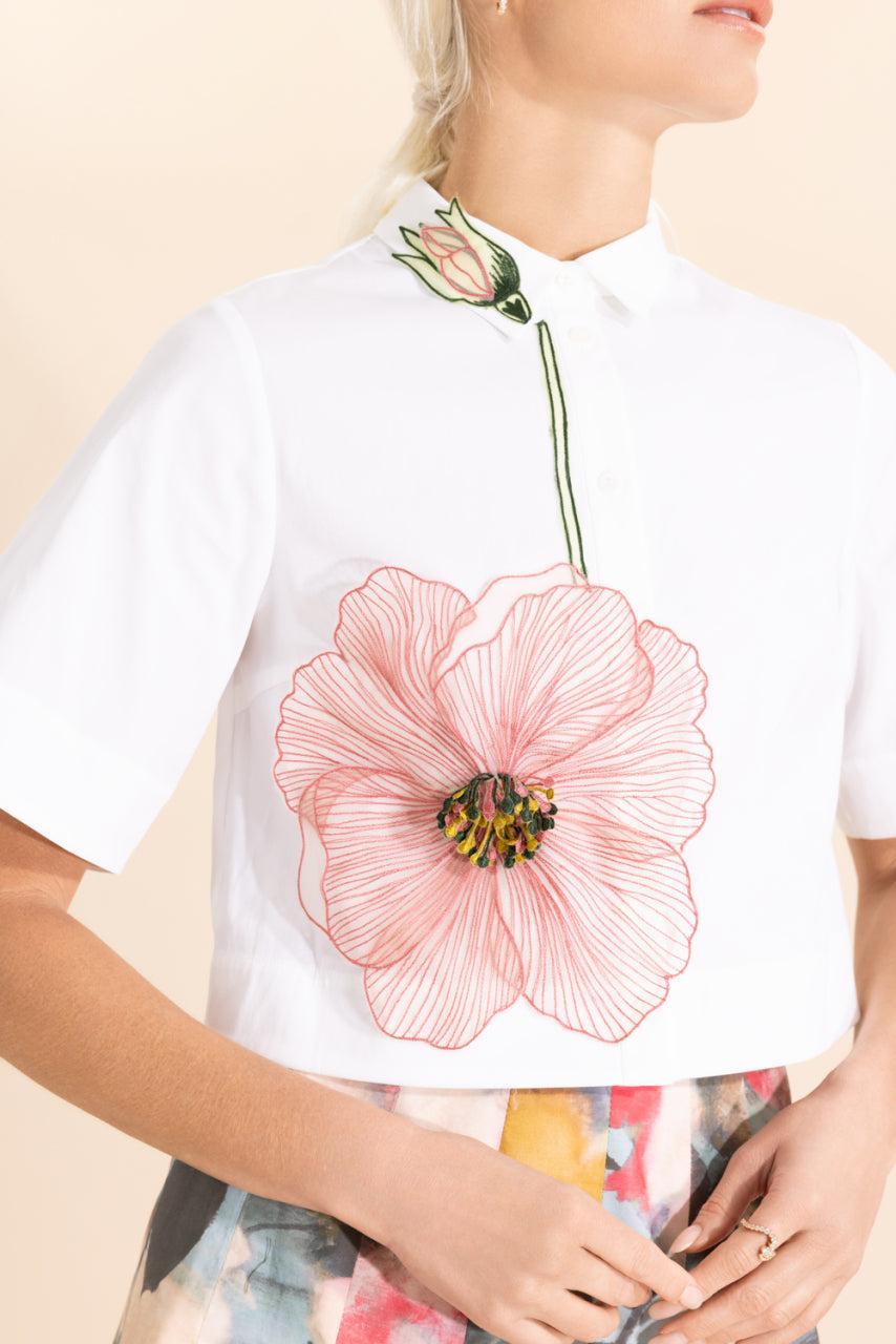 Peony Embroidered Crop Shirt-FLORAL-XS-CLOTHINGTOPBLOUSE-LELA ROSE