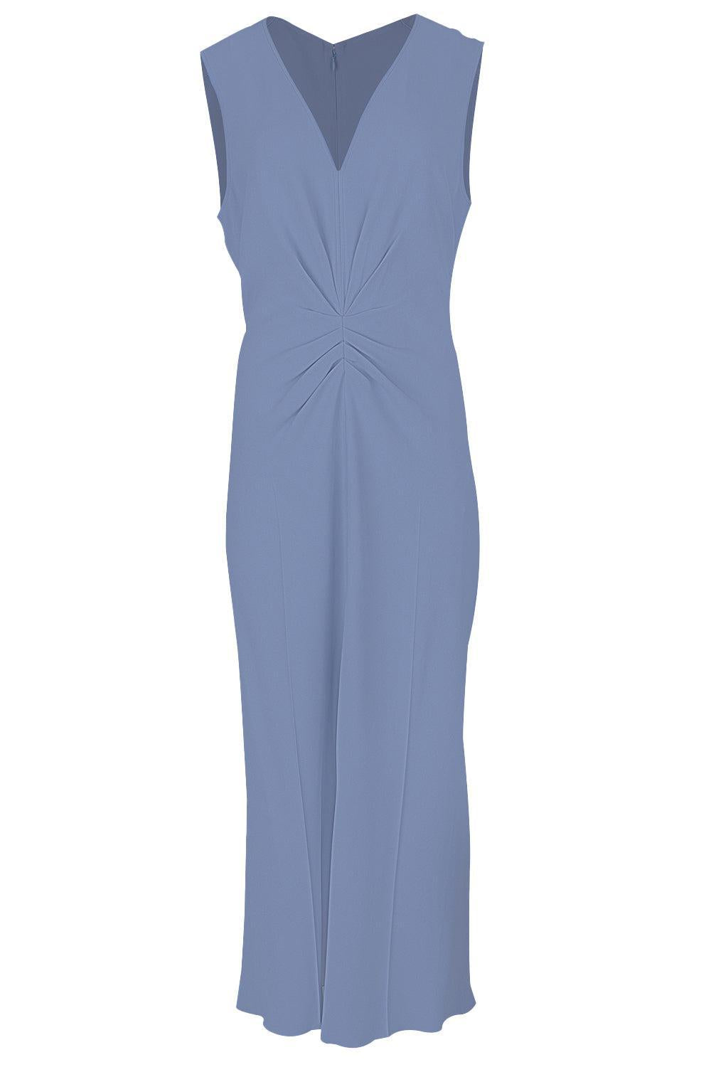 Sleeveless Gathered V-Neck Dress-BLUEBELL-0-CLOTHINGDRESSCASUAL-VICTORIA BECKHAM