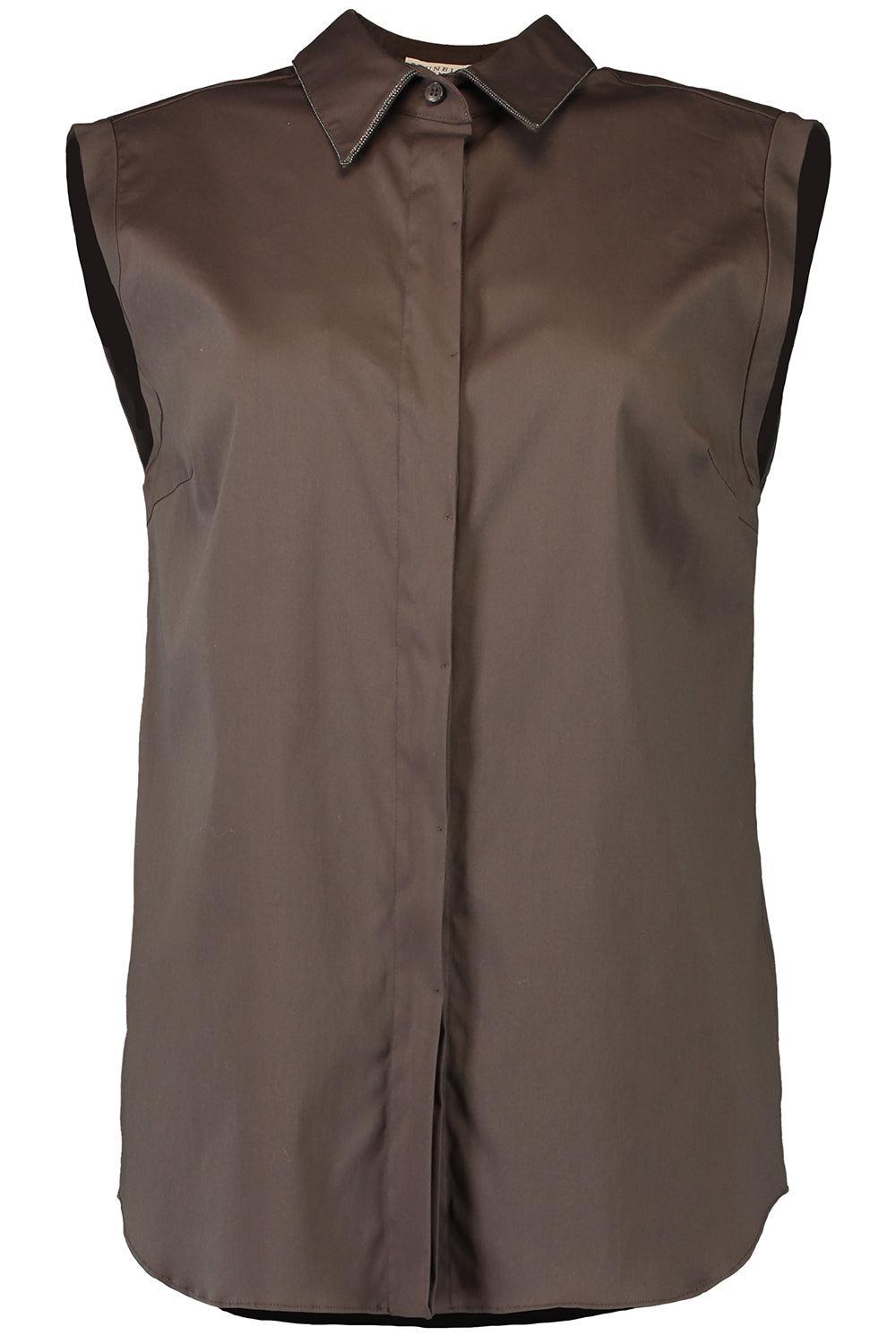Shiny Trim Sleeveless Shirt - Chocolate