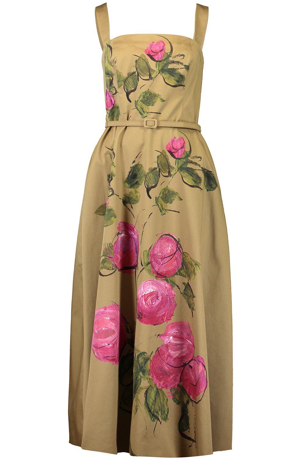 SLEEVELESS PAINTED ROSES DRESS-PINK/KHAKI-6-CLOTHINGDRESSCASUAL-OSCAR DE LA RENTA
