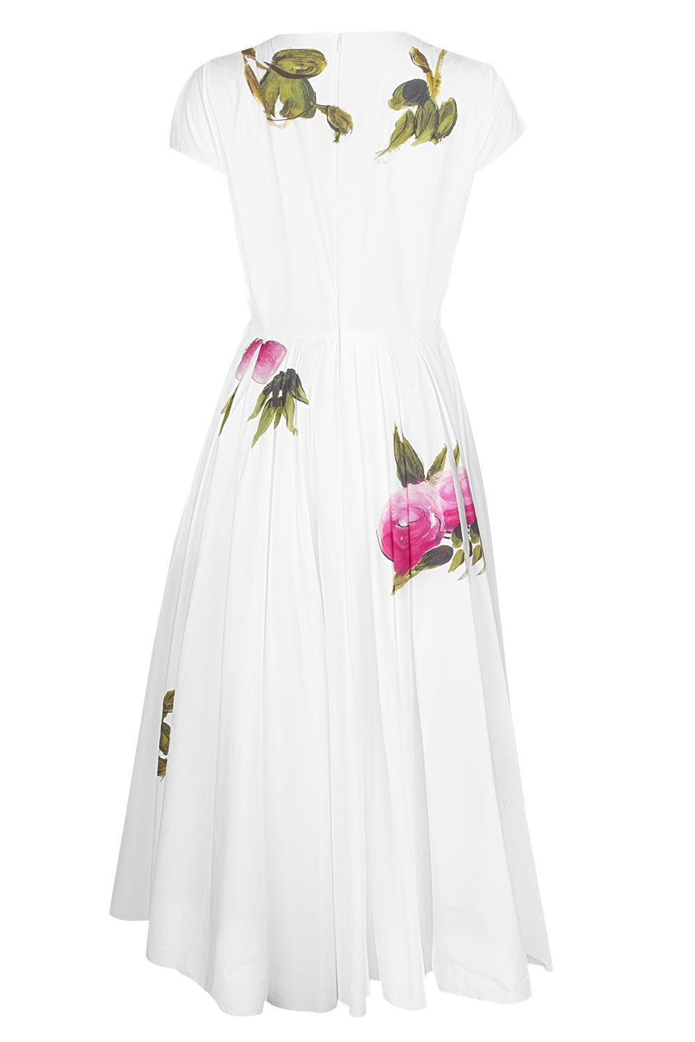 Cap Sleeve Pleated Roses Midi Dress-PNK/WHT-4-CLOTHINGDRESSCASUAL-OSCAR DE LA RENTA
