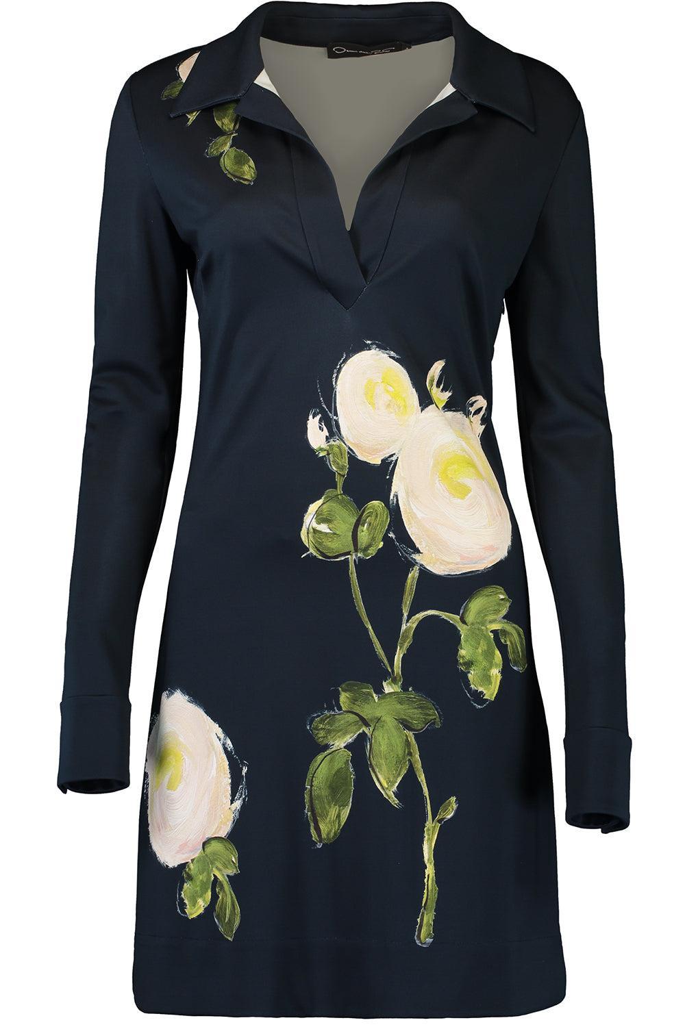 Long Sleeve Roses Milano Dress-WHT/DKNV-2-CLOTHINGDRESSCASUAL-OSCAR DE LA RENTA