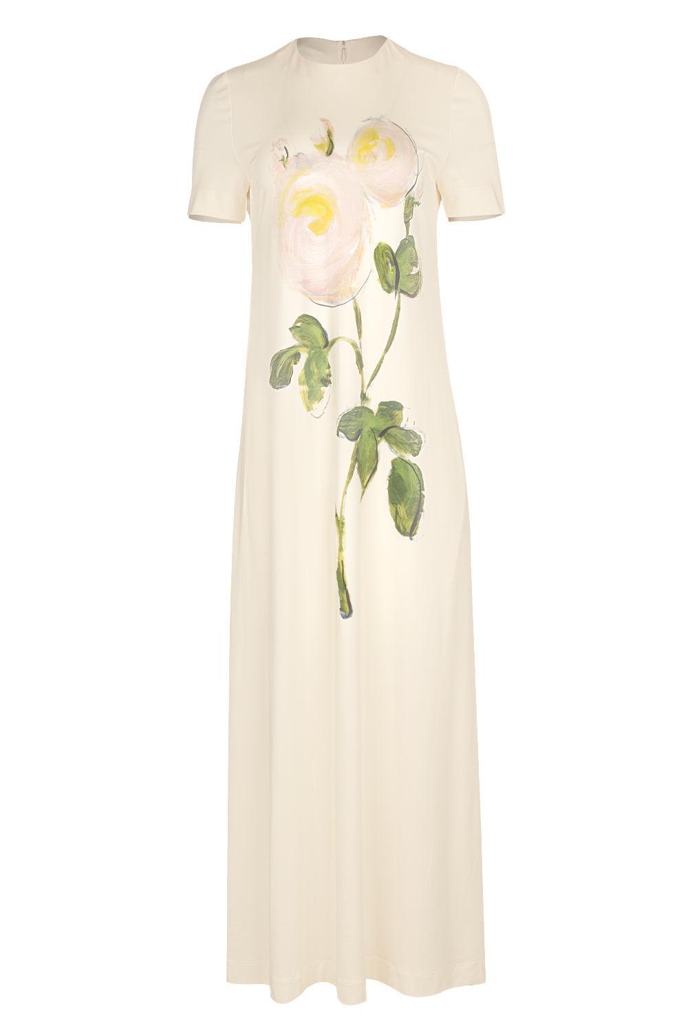 Short Sleeve Painted Roses Dress-WHT/IVOR-4-CLOTHINGDRESSCASUAL-OSCAR DE LA RENTA
