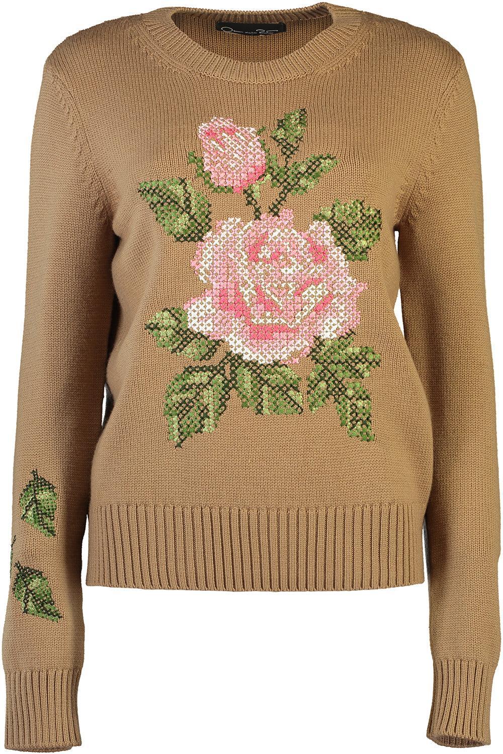 Long Sleeve Rose Embroidered Pullover-WALNUT-XS-CLOTHINGTOPKNITS-OSCAR DE LA RENTA