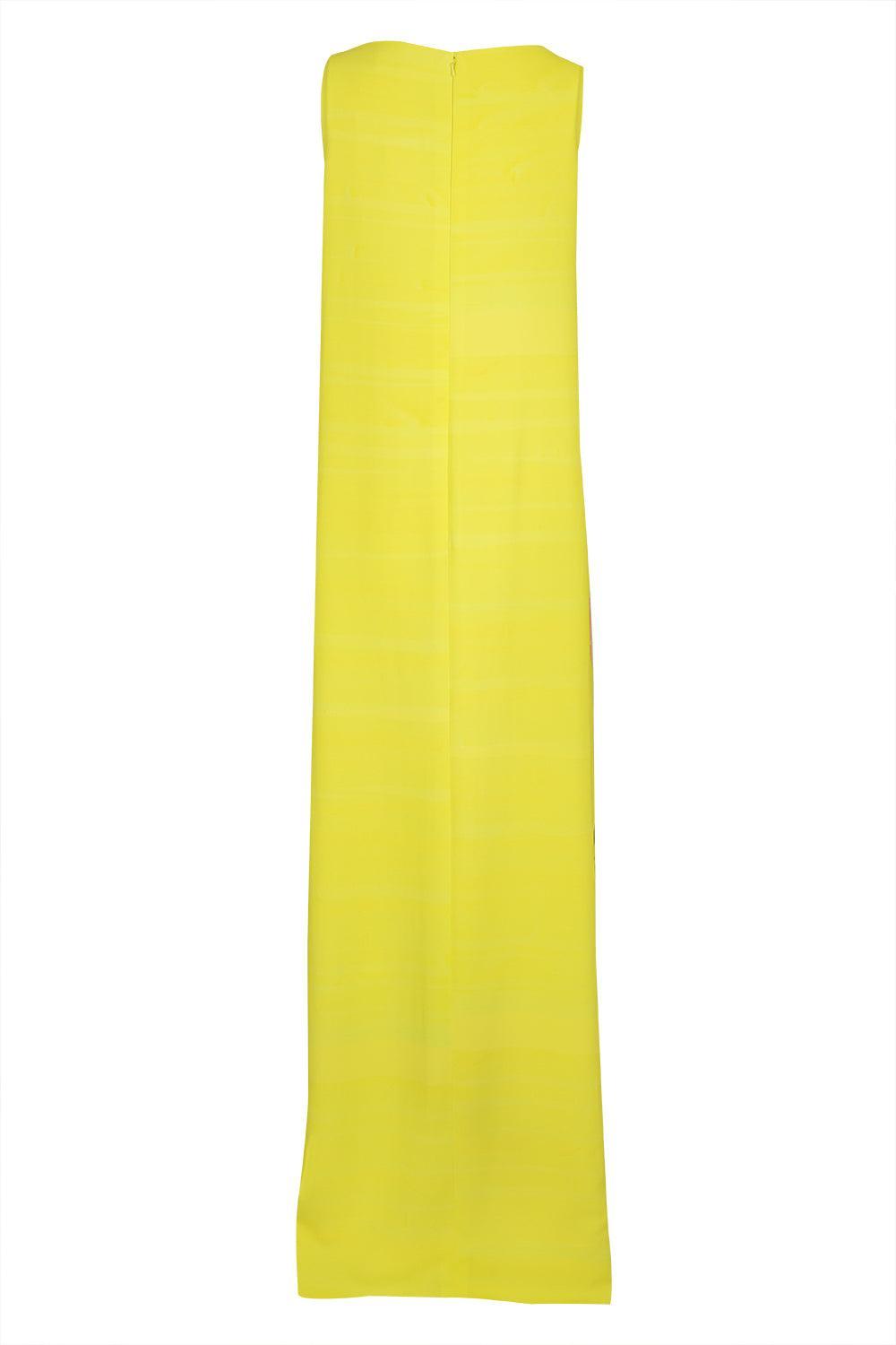 Sleeveless Scoop Neck Painted Roses Dress-PNK/YLW-4-CLOTHINGDRESSCASUAL-OSCAR DE LA RENTA