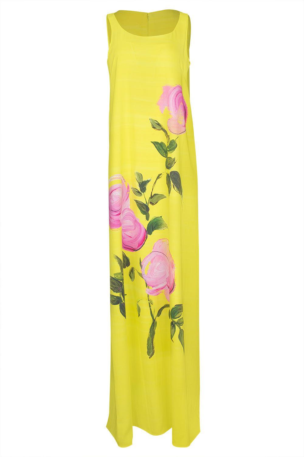 Sleeveless Scoop Neck Painted Roses Dress-PNK/YLW-4-CLOTHINGDRESSCASUAL-OSCAR DE LA RENTA