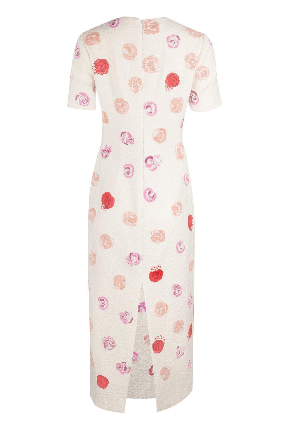 Short Sleeve Rose Embroidered Dress-IVORY-6-CLOTHINGDRESSCASUAL-OSCAR DE LA RENTA