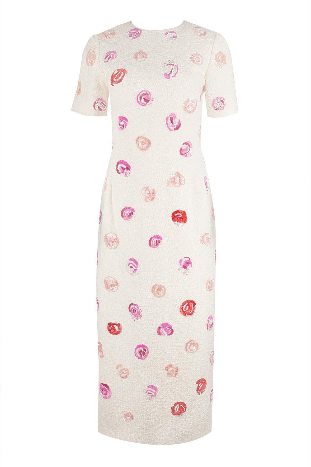Short Sleeve Rose Embroidered Dress-IVORY-6-CLOTHINGDRESSCASUAL-OSCAR DE LA RENTA