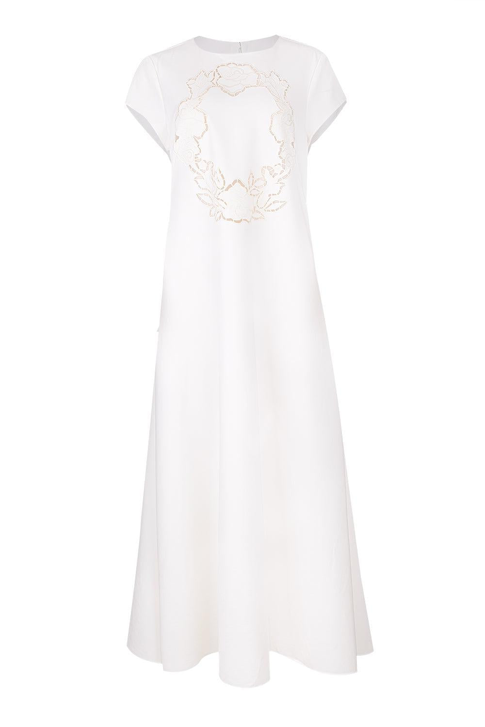 Short Sleeve Floral Cut Out Dress-IVORY-12-CLOTHINGDRESSCASUAL-OSCAR DE LA RENTA