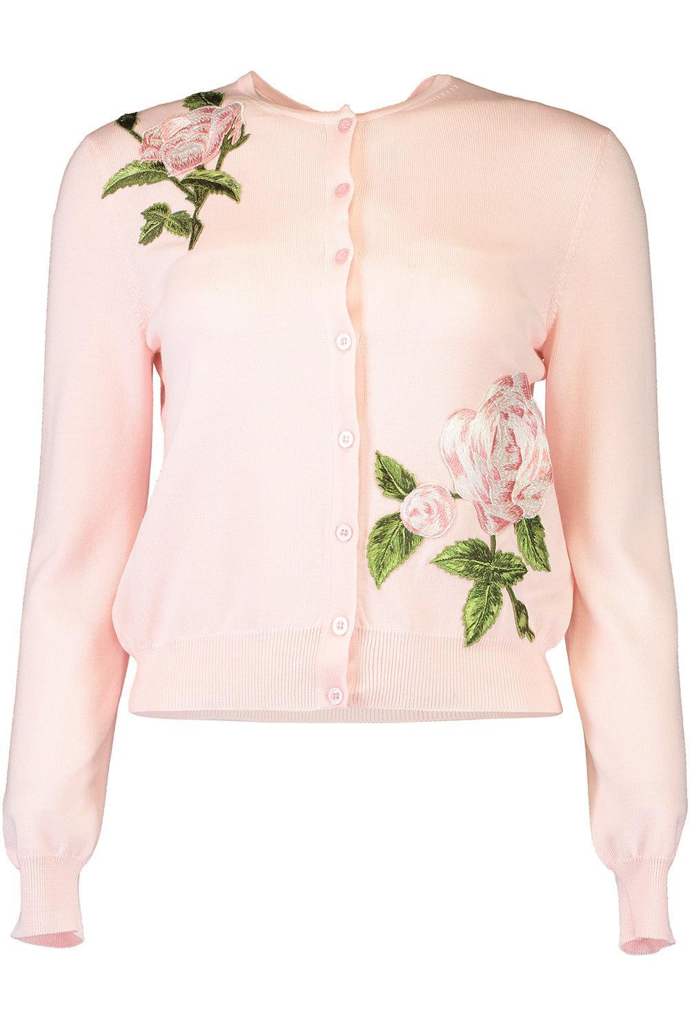 Long Sleeve Rose Embroidered Cardigan-PINK-S-CLOTHINGTOPCARDIGAN-OSCAR DE LA RENTA