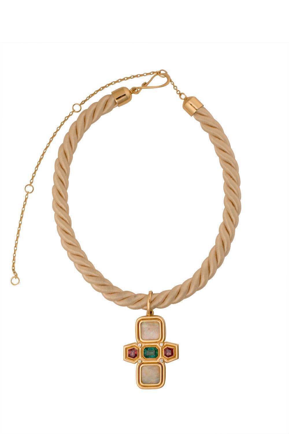 Yellow Opal Emerald Pendant Necklace-YELLOW GOLD-JEWELRYFINE JEWELNECKLACE O-DENISE CASSOU
