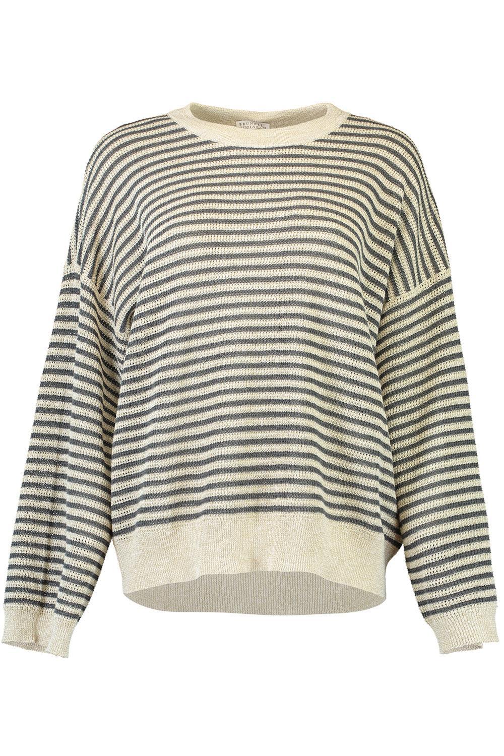 Sparkling Summer Striped Sweater-ANTHRACITE/CREAM-XS-CLOTHINGTOPKNITS-BRUNELLO CUCINELLI