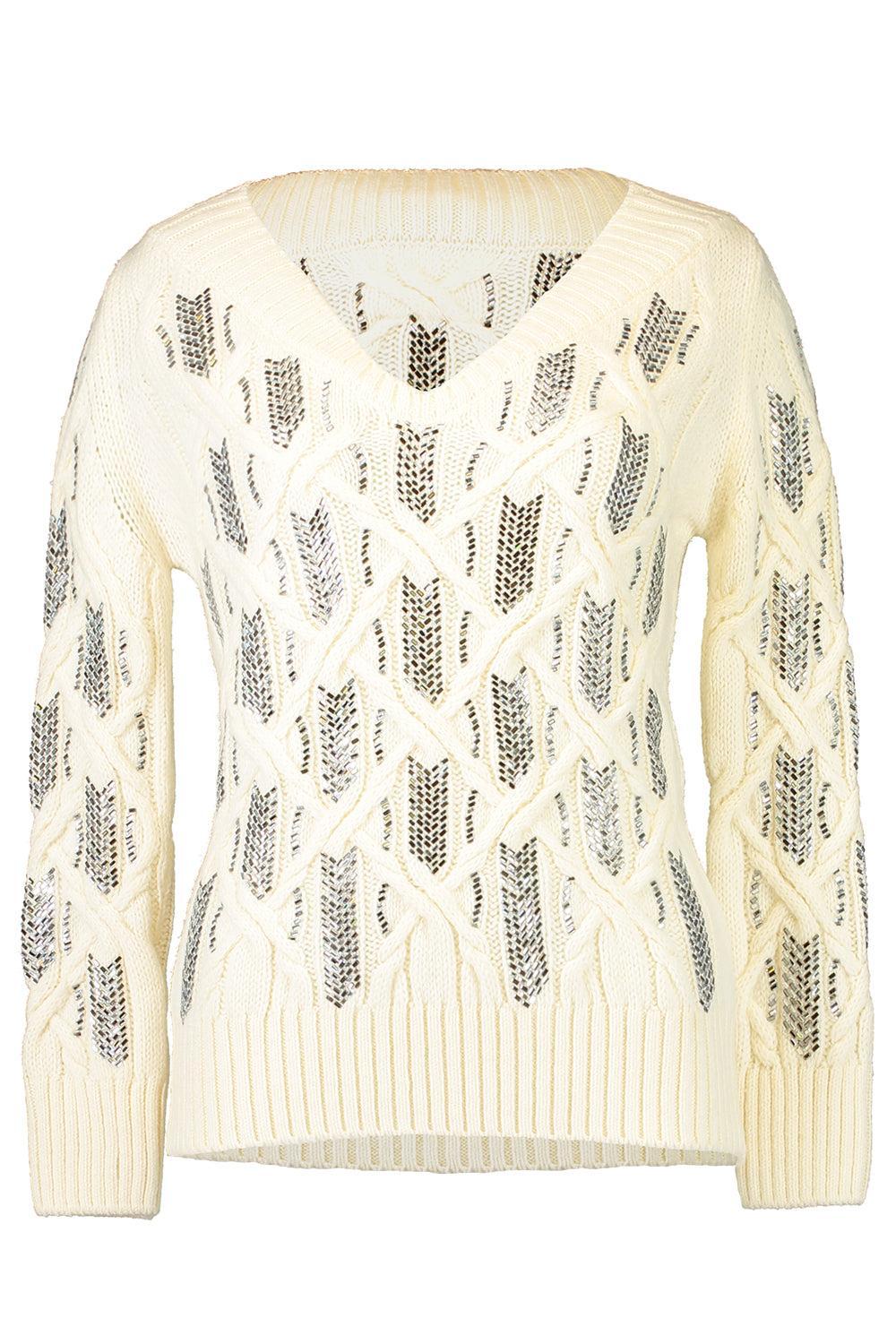 Long Sleeved V-Neck Sweater-IVORY-S-CLOTHINGTOPSWEATER-ERMANNO SCERVINO