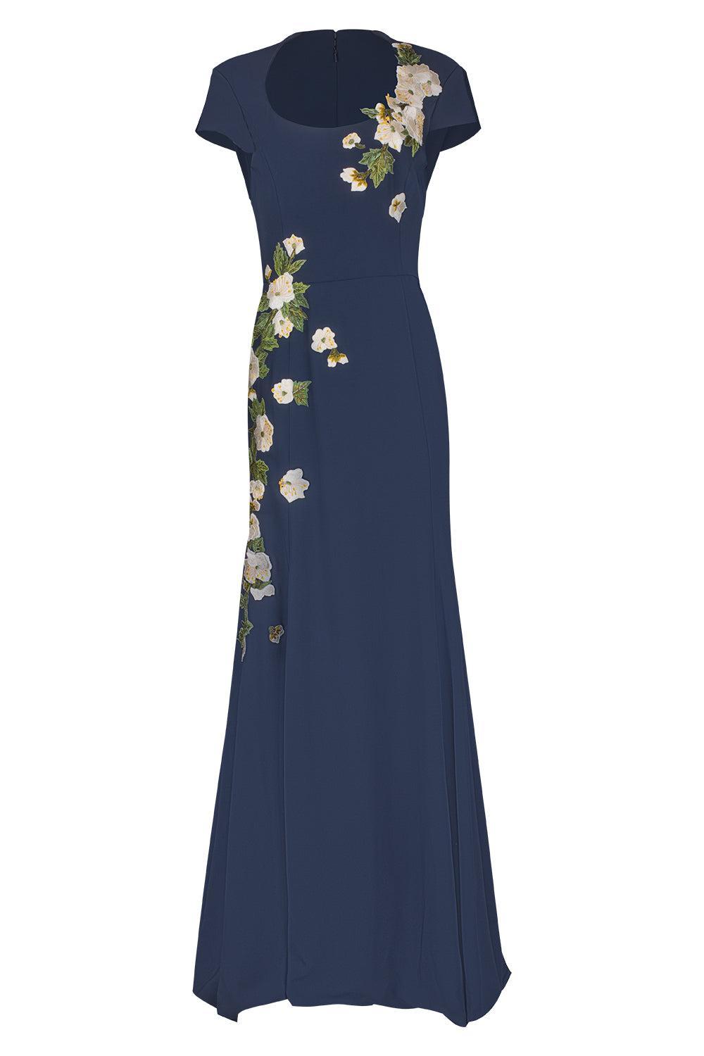 Embroidered Cherry Blossom Gown-NAVY-10-CLOTHINGDRESSGOWN-OSCAR DE LA RENTA