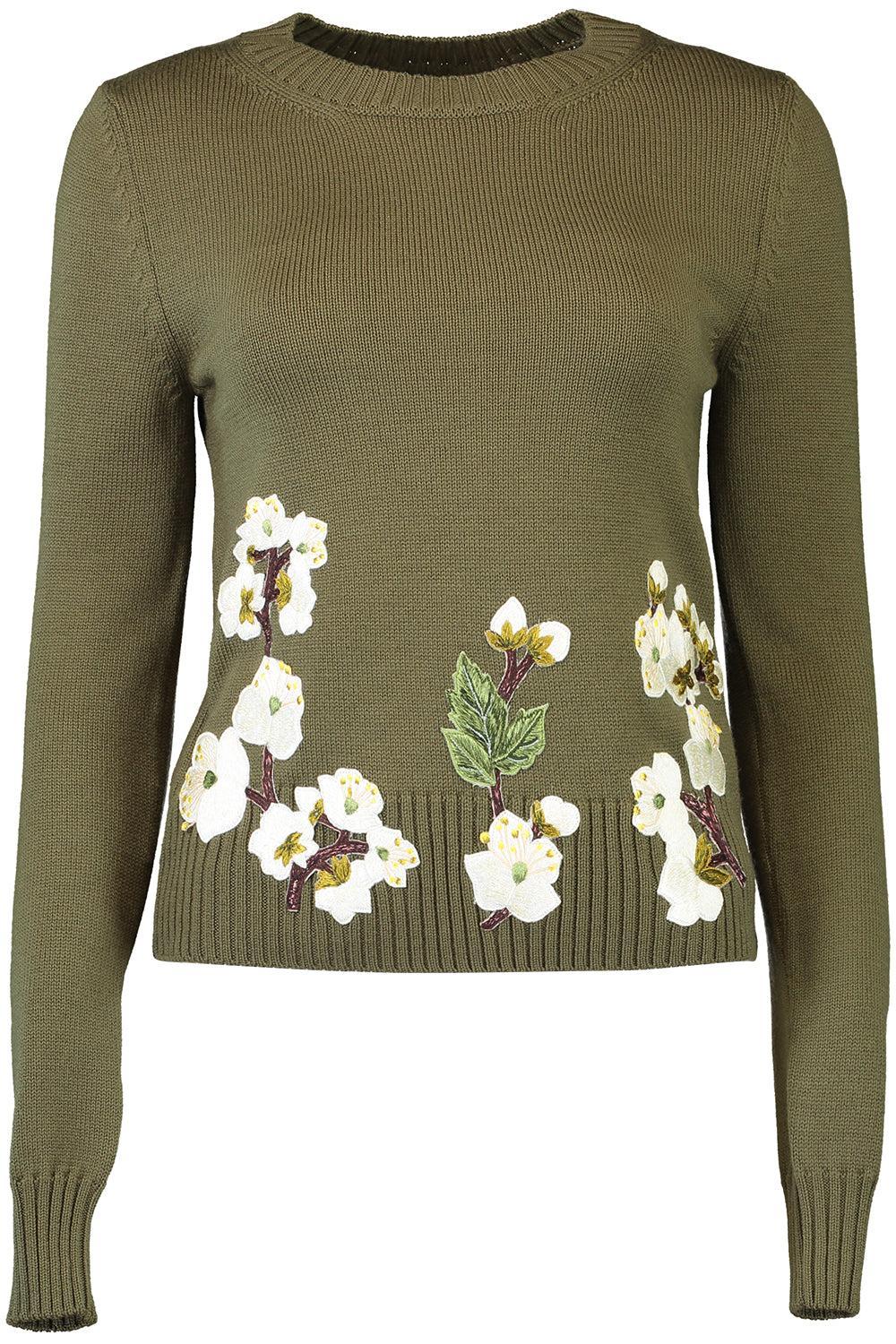 Cherry Blossom Embroidered Pullover-KHAKI-XS-CLOTHINGTOPKNITS-OSCAR DE LA RENTA
